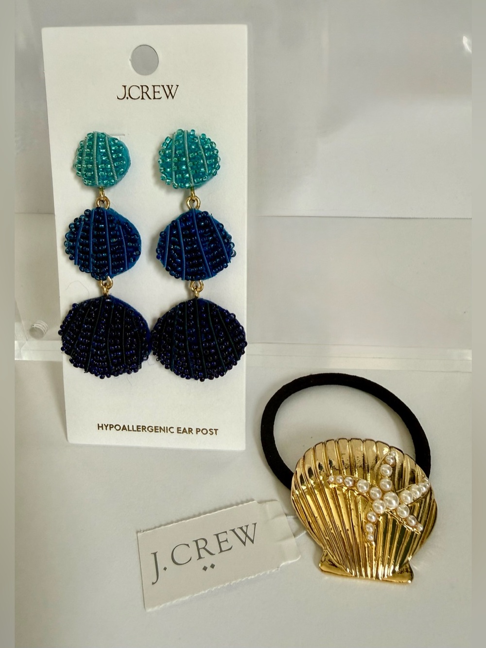 NWT J.Crew Coastal Bundle – Gold Shell Hair Tie + Blue Beaded Shell Drop Earring